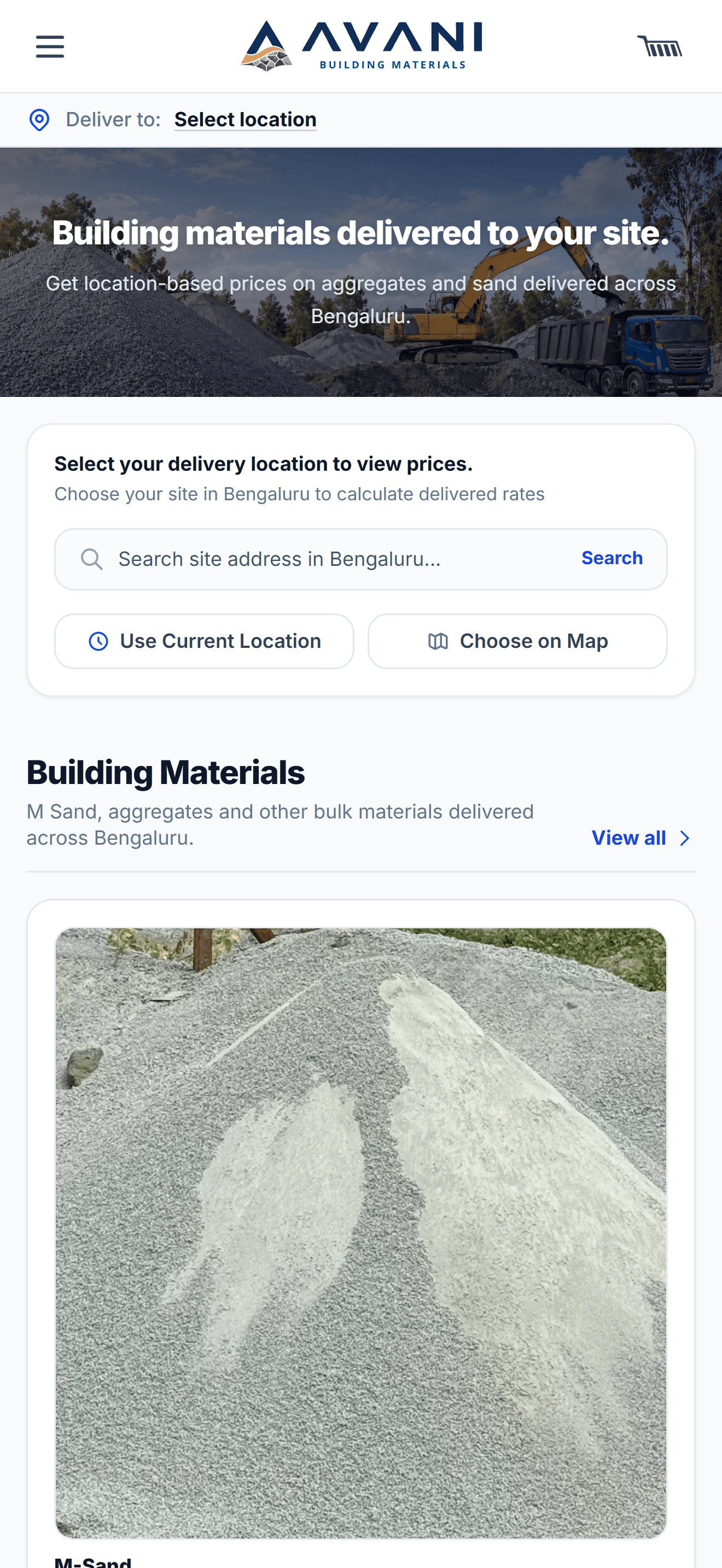 Avani Building Materials mobile responsive view